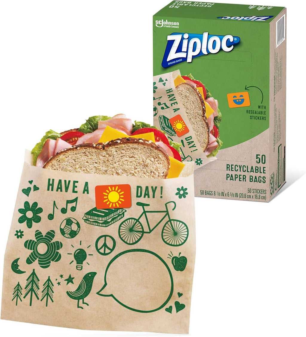 Ziploc Recyclable Paper Bags with Resealable Stickers, 100 Count