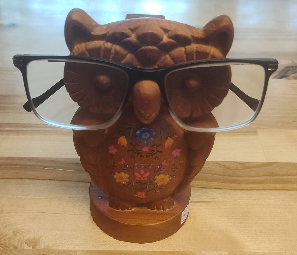 Natural Life Hand Carved Wood Owl Glasses Holder
